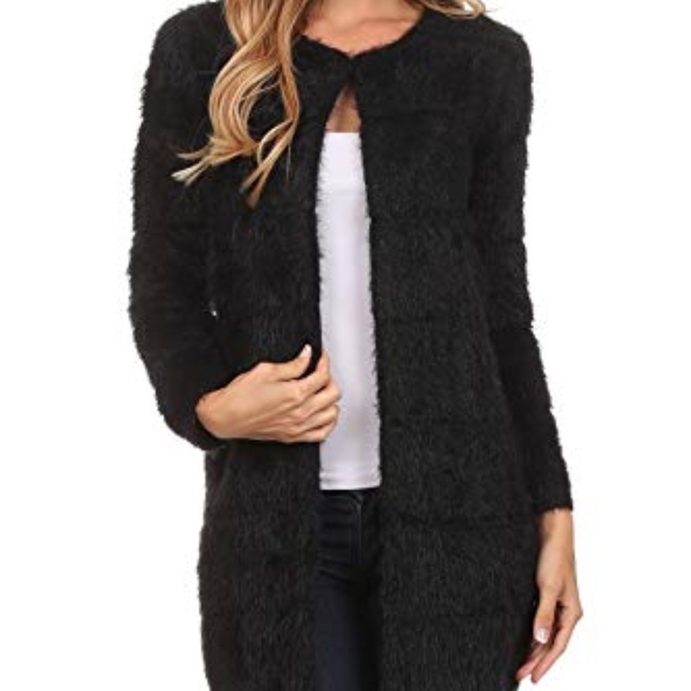 Black Faux Fur Open Sweater